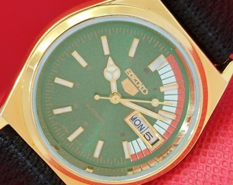 Reloj de pulsera vintage Seiko 5 automático 6309a reacondicionado para hombre, Japón, con fecha y día, esfera verde transparente (a220)