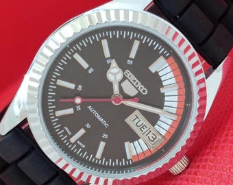 Vintage Seiko 5 Automatic 6309a Refurbished Japan Mens Day-Date Transparent Back Black Color Dial Wrist Watch a202