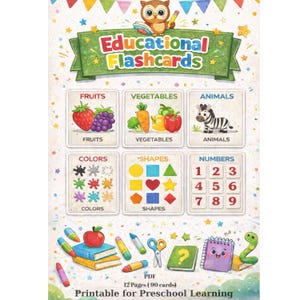 Könnte beinhalten: Lernkarten für die Vorschule. Die Karten zeigen Obst, Gemüse, Tiere, Farben, Formen und Zahlen. Das Design umfasst Illustrationen von Erdbeeren, Trauben, einem Zebra und andere farbenfrohe Bilder. Der Text "Educational Flashcards" ist oben.