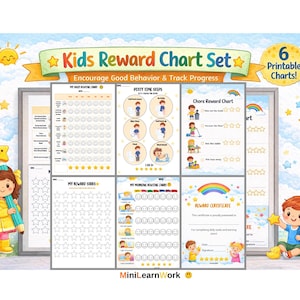 May include: A colourful "Kids Reward Chart Set" with six printable charts. The set includes charts for daily routines, chores, and reward certificates. The design features illustrations of children, stars, and rainbows, with the text "Encourage Good Behavior & Track Progress."