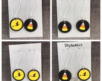 Halloween double sided Earrings-Style#H1-black witch on broom/yellow background+ candy corn on black background 1"