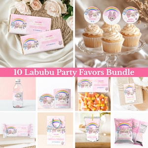 Bewerkbare Labubu-feestgunstbundel| Rice Krispy| chipzakje| Chocoladelabel| Caprizon | Etiket cadeautas| Etiket waterfles| Canva-sjablonen