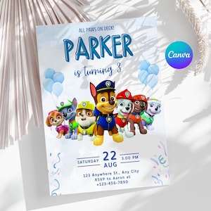 Bearbeitbar Paw Patrol Geburtstag einladen | Blaue Pfote Kinder Geburtstagskarte | Paw Patrol Einladung| Pfote Geburtstag Vorlage | Bearbeitbare Canva Vorlage