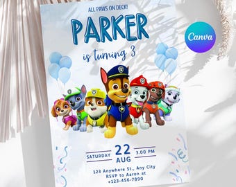 Editable Paw Patrol Birthday Invite| Blue Paw Birthday Kids Card| Paw Patrol Invitation| Paw Birthday Template| Editable Canva Template