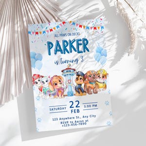 Bearbeitbare Paw Patrol Einladungskarte zum Geburtstag | Paw-ty Geburtstagseinladung Vorlage | Blaue Pfote Geburtstag Kinder einladen | Welpe Geburtstag| Canva Vorlage