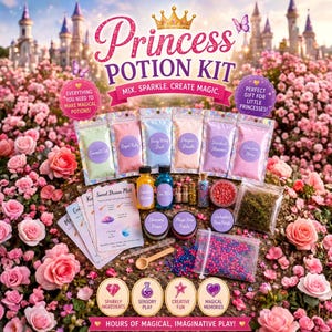 May include: A Princess Potion Kit featuring six colourful powder pouches labelled Emerald Isle, Royal Ruby, Fairy Wing Dust, Dragon's Breath, Stardust Shimmer, and Unicorn Horn, plus liquid bottles, small jars, beads, dried petals, and instruction cards.