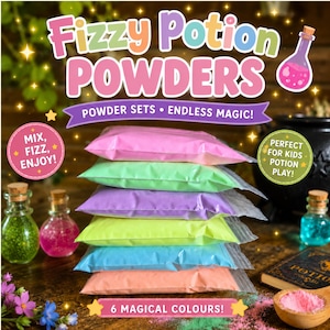 May include: A stack of six colorful powder packets in pink, green, purple, yellow, blue, and orange. The text reads Fizzy Potion Powders, Powder Sets • Endless Magic!, Mix, Fizz, Enjoy!, Perfect for Kids Potion Play!, and 6 Magical Colours!