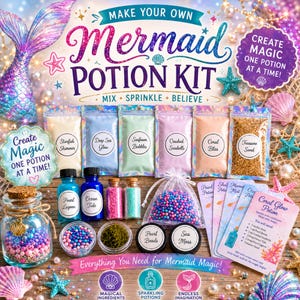 May include: A mermaid potion kit featuring six colourful powder pouches labelled Starfish Shimmer, Deep Sea Glow, Seafoam Bubbles, Crushed Seashells, Coral Bliss, and Treasure Sand. Includes two blue glass bottles, two small vials, pearl beads, sea moss, and recipe cards.