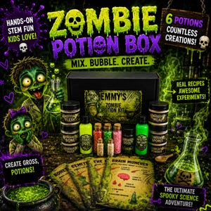 Peut inclure: Une boîte noire intitulée Emmy's Zombie Potion Kit contenant divers petits pots de poudres et liquides colorés, dont Toxic Ooze et Cerebral Ooze. Le kit comprend des cartes d'instructions pour des expériences et un flacon vert bouillonnant.