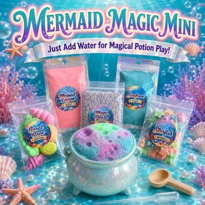 May include: A Mermaid Magic Mini potion kit featuring four clear pouches labelled Mermaid Lagoon Dust, Magic Pearl Drops, Seafoam Fizz, and Starfish Wishes. A small iridescent cauldron contains bubbling blue and pink foam, with a wooden scoop.