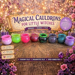 May include: A set of eight small, colorful, glittery plastic cauldrons in shades of pink, green, red, black, blue, and purple. A banner above reads MAGICAL CAULDRONS FOR LITTLE WITCHES, with additional text regarding durability and play.