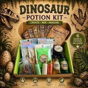 May include: A dinosaur potion kit in a cardboard box containing various ingredients, including small bottles filled with coloured granules, liquid vials labelled Amber Syrup and Swamp Water, pouches of powder, and a wooden spoon for mixing.