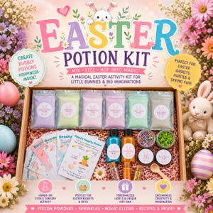 May include: An Easter potion kit in a cardboard box containing six pouches of coloured powders, two plastic bottles with blue and orange liquids, small containers of sprinkles, a wooden spoon, and recipe cards with text including Easter Potion Kit.