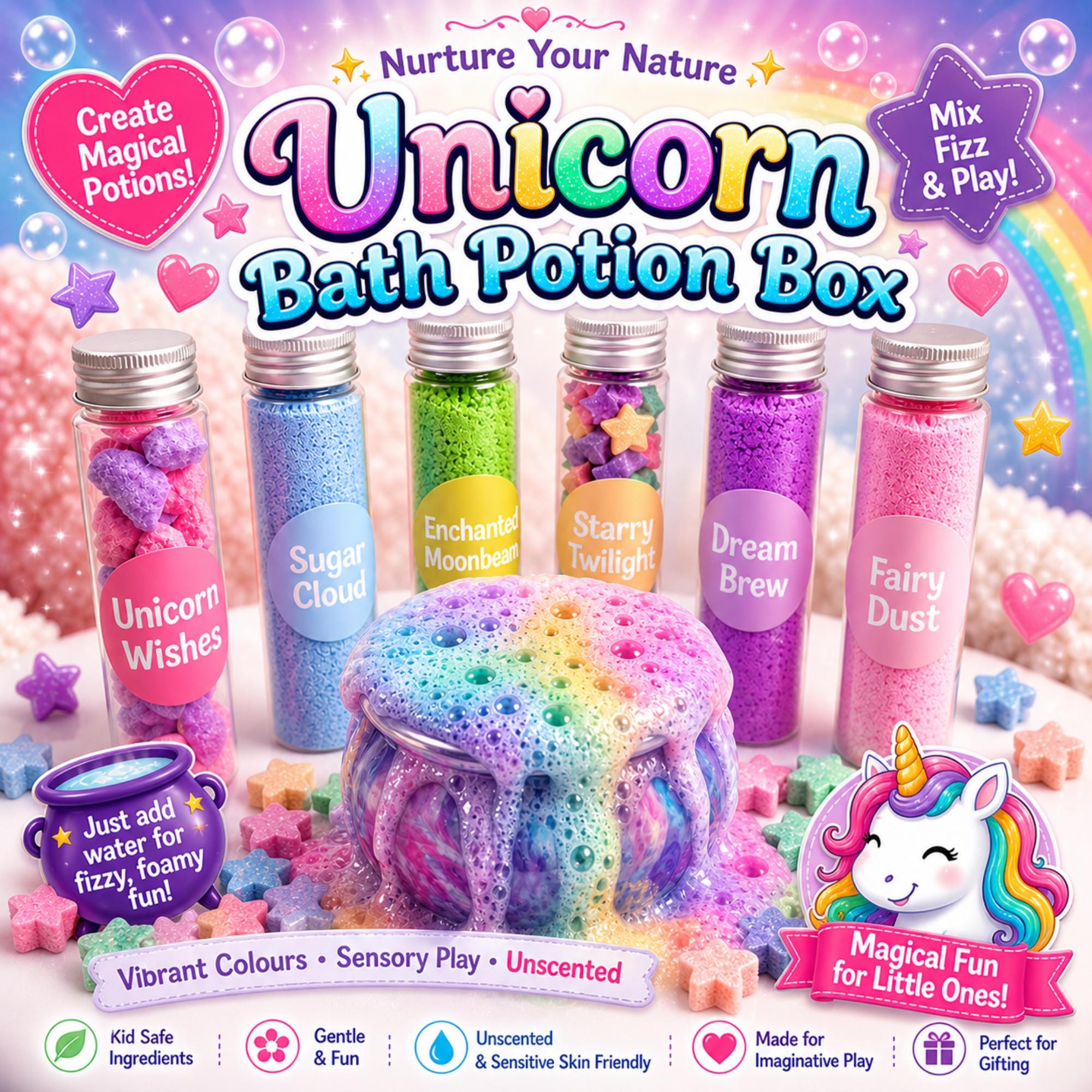 Personalized Unicorn Bath Potion Kit Kids Sensory Bath Play, Toddler Magic Bubbles
