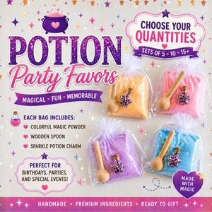 May include: Potion party favours in clear bags, each containing colourful powder, a wooden spoon, and a sparkle potion charm. Sets of 5, 10, or 15+ bags are shown, ideal for birthdays and special events.