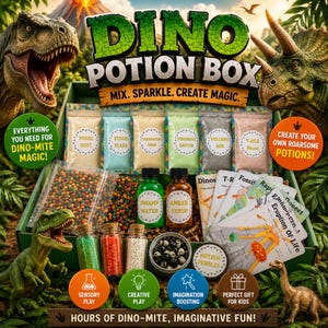 May include: A Dino Potion Box kit containing various labelled pouches of powders like Fossil Dust and T-Rex Blood, two small bottles of Swamp Water and Amber Syrup, a bag of colourful beads, a tin of Meteor Pebbles, and instructional cards.