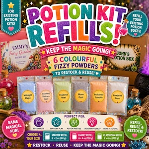 May include: A potion kit refill set featuring six colorful fizzy powders in holographic pouches labeled Midnight Magic, Crushed Unicorn Horn, Powdered Newt, Moon Dust, Enchanted Pumpkin, and Powdered Bone, with text detailing refill sizes.