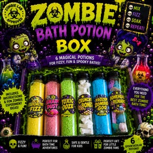 Peut inclure: Une boîte Zombie Bath Potion contenant six flacons en verre transparent remplis de sels de bain et de formes colorés. Les étiquettes incluent Radioactive Fizz, Brain Dust, Toxic Ooze, Crunchy Bones, Frozen Zombie Goo et Bonehead Remains.