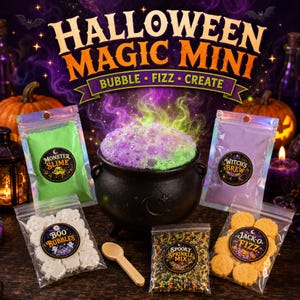 May include: A Halloween Magic Mini kit featuring a black cauldron filled with bubbling purple and green liquid, accompanied by four clear pouches labeled Monster Slime, Witch's Brew, Boo Bubbles, and Jack-O-Fizz, plus a small wooden spoon.