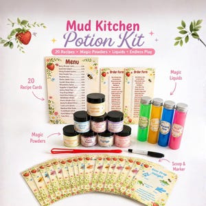 May include: A Mud Kitchen Potion Kit with 20 recipes, magic powders, and liquids. The kit includes recipe cards, jars of powders, test tubes of liquids, and a scoop and marker. The kit's theme is endless play.