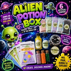 May include: An Alien Potion Box kit featuring a green alien character, six packets of mystical powders, two bottles labelled Alien Ooze and Nebula Juice, a jar of meteorite rocks, three small vials of beads, and a set of recipe cards for potion making.