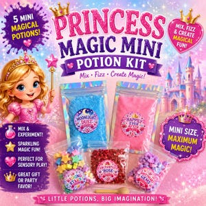May include: A Princess Magic Mini Potion Kit featuring five pouches of colorful ingredients including blue Moonlight Dust, pink Happily Ever After, Wishing Stars, Enchanted Rose Petals, and Sweetheart Gems, with a small wooden mixing spoon.