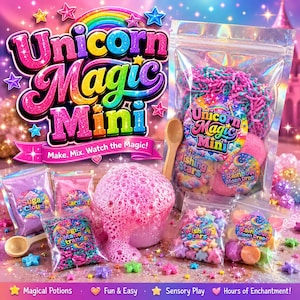 Pode incluir: Um kit colorido Unicorn Magic Mini com vários componentes, incluindo sacos de 'Sugar Cloud' e 'Stardust', e uma grande mistura rosa e borbulhante. O kit também inclui uma colher de madeira e decorações em forma de estrela.