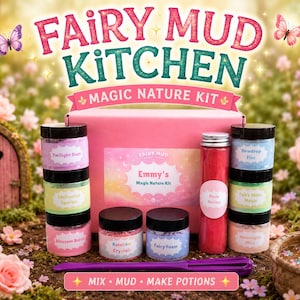 May include: A pink box labelled Fairy Mud Kitchen Magic Nature Kit with various jars containing colourful powders and liquids labelled Twilight Dust, Enchanted Sparkle, Blossom Burst, Rainbow Crystals, Fairy Foam, Pixie Pollen, Dewdrop Fizz, Fairy Moss Magic, and Moonlight Mist, plus a purple tool.
