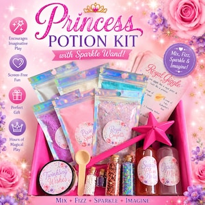 May include: A Princess Potion Kit in a pink box containing iridescent pouches of colored powders, small glass vials filled with glitter and beads, a wooden scoop, and a bright pink star-shaped wand. The kit includes labels for Twinkling Wishes, Pixie Spark, Royal Confetti, Sugar Plum Nectar, and Opal Mist.