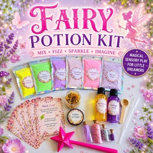 May include: A Fairy Potion Kit featuring six colorful powder pouches labeled Pixie Spark, Fairy Godmother's Dust, Moonstone Magic, Twinkling Wishes, Enchanted Fern, and Mystic Lilac. Includes potion bottles, a star wand, and instruction cards.