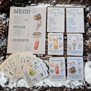 May include: A printed menu, two order forms, and several recipe cards featuring illustrations of desserts and drinks. The menu lists items like Midnight Forest Broth and Crystal Berry Parfait. The cards display ingredients and instructions for items such as Toasted Leaf Latte, Frozen Ruby Punch, and Emerald Violetta.