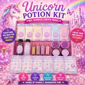 May include: A unicorn potion kit in a pink box containing six pouches of colored glitter, two plastic bottles, four small glass vials with colorful beads, two round containers of sprinkles, and six instruction cards for creating potions.