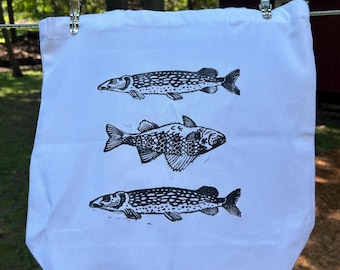 Fish Totes - impression linogravure faite main