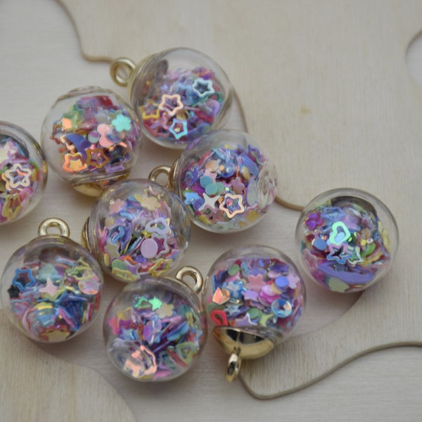 10 Round Glass Globe Charm,Crystal Glass Ball Vials With Sparkly Confetti Star,Bracelet Necklace Key Chain Charm Pendants,21mmx16mm