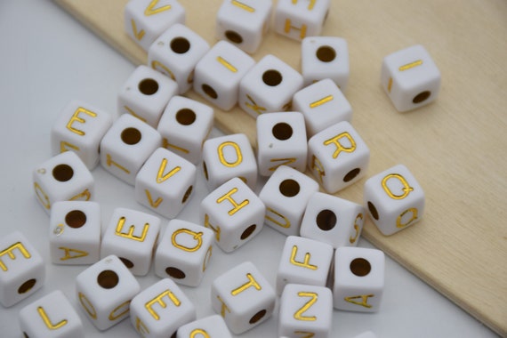 50 Plastic Beads White Beads With Gold Mixed Letter Acrylic Cube Bead For  Jewelry Making DIY Craft Square Custom Name Bead Bracelet 10mm