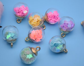 10 Round Glass Globe Charm,Crystal Glass Ball Vials With Cute Confetti Rabbit Bunny,Bracelet Necklace Key Chain Charm Pendants,21mmx16mm