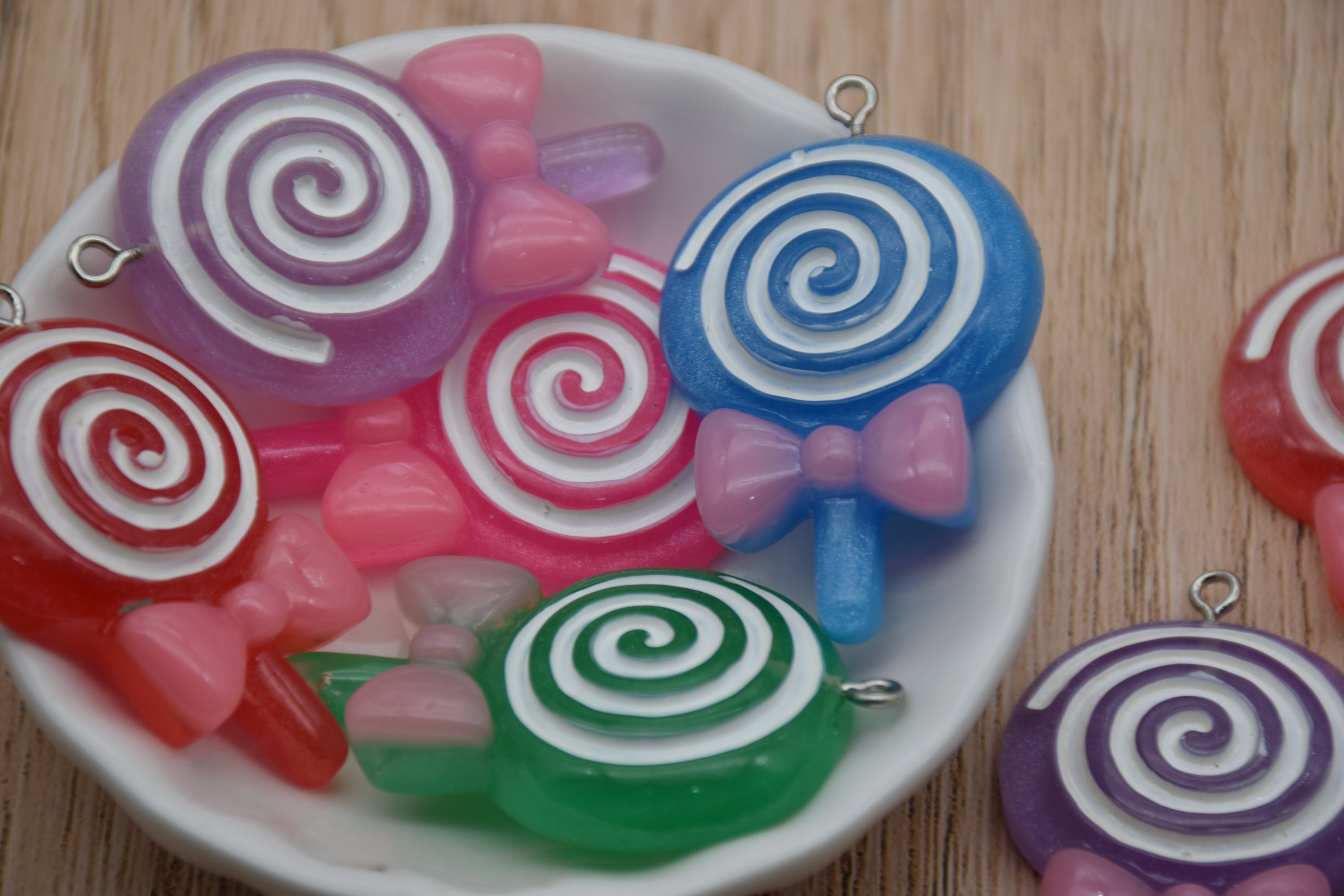 10-pack Swirl Lollipop Charms Bulk Resin Candy Pendant Keychain Dangle  62x30mm