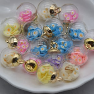 10 Round Glass Globe Charm,Crystal Glass Ball Vials With Confetti Flower Ball,Bracelet Necklace Key Chain Charm Pendants,21mmx16mm