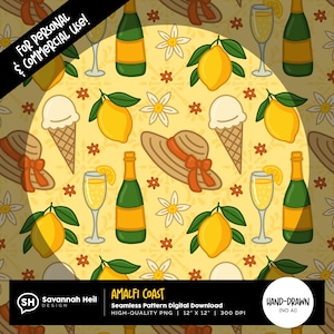 Padrão sem emendas da Costa Amalfitana | Design de verão com limão italiano | Sorvete de Prosecco PNG | Desenhado à mão - Sem IA | Uso comercial permitido