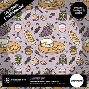 Charcuterie Seamless Pattern: Hand-Drawn Cheese, Wine, Bread | 300 DPI Repeating PNG Digital Design