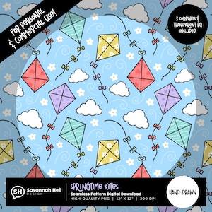 May include: A seamless pattern featuring colorful kites in shades of red, yellow, purple, and teal, with white clouds and flowers on a light blue background. The design includes the text "SPRINGTIME KITES" and "HAND-DRAWN".