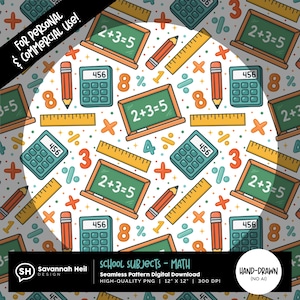 以下が含まれることがあります： 学校をテーマにしたイラストが特徴のシームレスデジタルパターン。デザインには、2+3=5の数式が書かれた緑色の黒板、オレンジ色の鉛筆、黄色の定規、ターコイズ色の電卓、そして「SCHOOL SUBJECTS - MATH」の文字が含まれています。