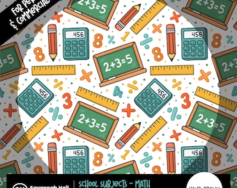 Math Class Seamless Pattern: Hand-Drawn Calculators & Chalkboards, Mathematics Symbols, 300 DPI Repeating PNG Digital Design