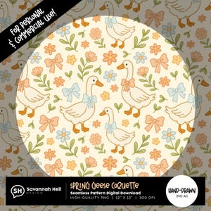 Padrão sem emenda de coquete de gansos da primavera | Clipart de ganso Cottagecore | Desenhado à mão - Sem IA | Uso comercial permitido