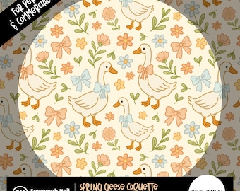 Modèle sans couture de coquette d'oie printanière : noeuds dessinés à la main, fleurs et oies mignonnes, 300 ppp, répétant la conception numérique PNG