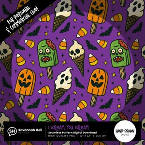 May include: A purple seamless pattern with Halloween illustrations. The design includes ice cream cones with skull-shaped scoops, zombie popsicles, jack-o'-lantern popsicles, candy corn, and bats. The text "I SCREAM, YOU SCREAM" is also present. The pattern is 30.48 cm x 30.48 cm.