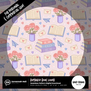Padrão sem emendas para amantes de livros românticos | Download digital fofo e literário | PNG para artesanato e sublimação | Desenhado à mão - Sem IA | Uso comercial permitido