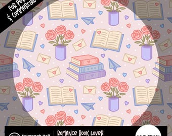 Romance Book Seamless Pattern: Hand-Drawn Roses, Love Letters, Bookish PNG Design