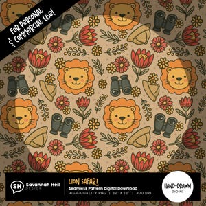 Padrão de Safari de Leão Sem Costura | Papel Digital de Animais da Selva Fofos | Decoração e Artesanato Infantil PNG | Desenhado à Mão - Sem IA | Uso Comercial Aprovado