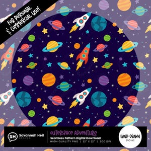 Padrão sem emendas de aventura no espaço sideral | Arte digital de foguetes e planetas | Tema espacial PNG | Desenhado à mão - Sem IA | Uso comercial permitido